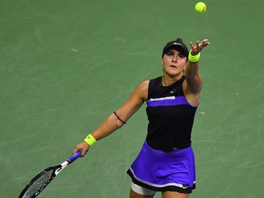 Bianca Andreescu of Canada serves against Elise Mertens of Belgium during their Women's Singles Quarterfinals match at the 2019 US Open at the USTA Billie Jean King National Tennis Center in New York on September 4, 2019. (Johannes Eisele/AFP/Getty Images)