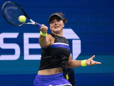 Bianca Andreescu of Canada hits a return to Elise Mertens of Belgium during their Quarter-finals Women's Singles match at the 2019 US Open at the USTA Billie Jean King National Tennis Center in New York on September 4, 2019. (Don Emmert/AFP/Getty Images)