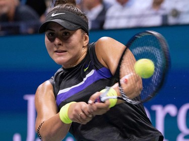 Bianca Andreescu of Canada hits a return to Elise Mertens of Belgium during their Quarterfinals Women's Singles match at the 2019 US Open at the USTA Billie Jean King National Tennis Center in New York on September 4, 2019. (Don Emmert/AFP/Getty Images)