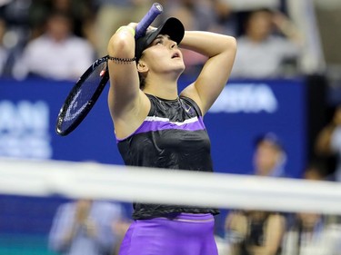 Bianca Andreescu of Canada celebrates after winning her Women's Singles quarterfinal match against Elise Mertens of Belgium on day ten of the 2019 US Open at the USTA Billie Jean King National Tennis Center on September 4, 2019 in the Queens borough of New York City. (Elsa/Getty Images)