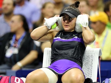 Bianca Andreescu of Canada cools down during a break in her Women's Singles quarterfinal match against Elise Mertens of Belgium on day ten of the 2019 US Open at the USTA Billie Jean King National Tennis Center on September 4, 2019 in the Queens borough of New York City. (Elsa/Getty Images)