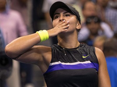 Bianca Andreescu of Canada celebrates her win over Elise Mertens of Belgium during their Quarterfinals Women's Singles match at the 2019 US Open at the USTA Billie Jean King National Tennis Center in New York on September 4, 2019. (Don Emmert/AFP/Getty Images)