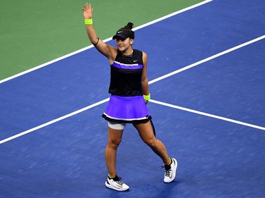 Bianca Andreescu of Canada reacts after winning against Elise Mertens of Belgium during their Women's Singles Quarterfinals match at the 2019 US Open at the USTA Billie Jean King National Tennis Center in New York on September 4, 2019. (Johannes Eisele/AFP/Getty Images)
