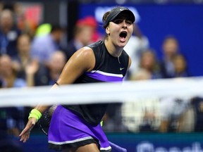 Bianca Andreescu yells after winning her Women's Singles semifinal match against Belinda Bencic at the 2019 U.S. Open at the USTA Billie Jean King National Tennis Center in New York City on Thursday, Sept. 5, 2019.