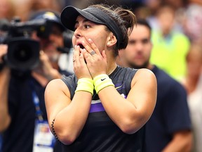 Bianca Andreescu of Canada celebrates winning the Women's Singles final match against against Serena Williams of the United States on day thirteen of the 2019 U.S. Open at the USTA Billie Jean King National Tennis Center on Sept. 7, 2019 in the Queens borough of New York City.