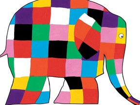 The beloved Elmer, the multi-coloured elephant, jumps off the page.