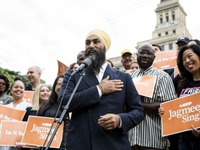 NDP Leader Jagmeet Singh makes an announcement in Toronto on Monday, September 2, 2019.