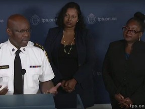 Chief Mark Saunders is joined by Toronto Police Services Board member Uppala Chandrasekera (C) and Notisha Massaquoi (R), co-chairs of the Anti-Racism Advisory Panel, as he speaks at Toronto Police Headquarters about a new race-based data collection policy approved by the Toronto Police Services Board on Thursday, Sept. 19, 2019.