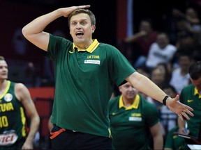 Lithuania's coach Dainius Adomaitis reacts to a point during the Basketball World Cup Group L second round game between France and Lithuania in Nanjing on Sept. 7, 2019. (WANG ZHAO/AFP/Getty Images)
