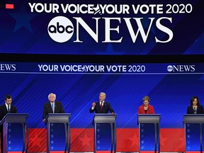 U.S. Democratic presidential hopefuls (L-R) Mayor of South Bend, Ind., Pete Buttigieg, Senator of Vermont Bernie Sanders, former vice-president Joe Biden, Senator of Massachusetts Elizabeth Warren and Senator of California Kamala Harris speak during the third Democratic primary debate of the 2020 presidential campaign season hosted by ABC News in partnership with Univision at Texas Southern University in Houston, Texas on Sept. 12, 2019. (Photo by Robyn BECK / AFP)ROBYN BECK/AFP/Getty Images