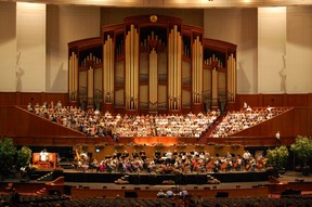 The Mormon Tabernacle Choir, with 60 members, practises every Thursday night. Rehearsals are open to the public, but the location can change depending on time of year. (Laura Shantora Nelles)