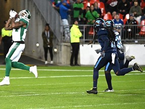 Saskatchewan Roughriders' Emmanuel Arceneaux makes a catch for a touchdown during second half CFL football game action against the Toronto Argonauts in Toronto on Saturday, September 28, 2019. (THE CANADIAN PRESS/Jon Blacker)