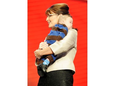 Sept. 3, 2008: Republican vice presidential candidate Sarah Palin holds her son Trig after her speech to the Republican National Convention (RNC) in St Paul, Minnesota.