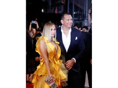 Jennifer Lopez and her fiance Alex Rodriguez arrive for the gala presentation of "Hustlers" at the Toronto International Film Festival (TIFF) in Toronto on Sept. 7, 2019.