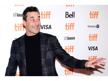 Jon Hamm gestures during the Canadian premiere of "The Report" at the Toronto International Film Festival in Toronto, Sept. 8, 2019.