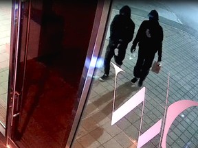 Investigators need help identifying two men sought for an attempted arson at Dreamworx Ink, a tattoo shop on Rutherford Rd. in Woodbridge, on Sept. 6, 2019. (York Regional Police image)