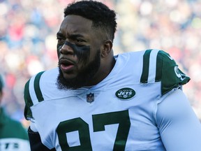 Nathan Shepherd of the New York Jets reacts before a game against the New England Patriots at Gillette Stadium on December 30, 2018 in Foxborough, Massachusetts.