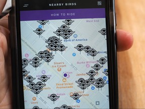 The Bird Ride scooter app shows the location of available electric scooters in Santa Monica, California, on July 13, 2018.