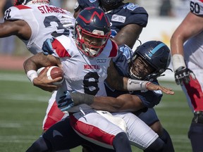 Toronto Argos Kennan Gilchrist (right), can play defensive end, linebacker and even line up 
on special teams. He’ll get an up-close look at the Riders offence next. (The Canadian Press)