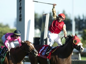 El Tormenta, ridden by Eurico Rosa da Silva, charges to the finish to win the Woodbine Mile on Saturday. The 44-year-old jockey, who is retiring at the end of this season, scored the first win in the race for a locally-based horse since 2008. (MICHAEL J. BURNS PHOTO)