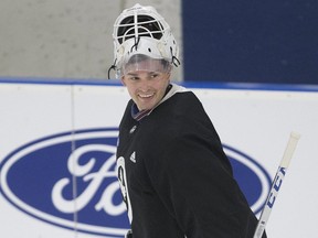 Leafs’ netminder Michael Hutchinson says he’s ready to embrace the role of backup goalie should he beat out rival Michal Neuvirth for the job.  (Stan Behal/Toronto Sun)