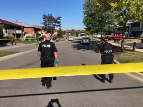 Peel Regional Police at the scene on Dunmow Crescent after a man was wounded in a shooting Tuesday, Sept. 17, 2019. (Ernest Doroszuk/Toronto Sun)