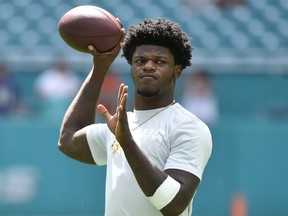 Lamar Jackson of the Baltimore Ravens warms up prior to the game against the Miami Dolphins at Hard Rock Stadium on Sept. 8, 2019 in Miami, Florida. (ERIC ESPADA/Getty Images)