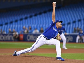 Blue Jays starting pitcher Jacob Waguespack delivers against the O’s on Wednesday. The righty is expected to compete for 
a spot in the starting rotation next season. (USA TODAY SPORTS PHOTO)