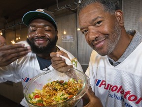 Toronto Argonaut Jamal Campbell & former Argo quarterback Damon Allen visited the Toronto Sun recently to talk about the Purolator Tackle Hunger partnership with the Canadian Football League and all nine of its teams to collect food, raise funds and drive awareness for local food banks across Canada. (Stan Behal/Toronto Sun/Postmedia Network)