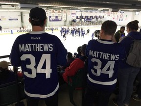 Maple Leafs fans watch the team practise in Paradise, N.L., on Friday.  LANCE HORNBY/TORONTO SUN
