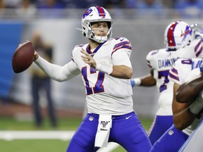 Bills quarterback Josh Allen passes the ball during first quarter preseason action against the Lions at Ford Field in Detroit o Aug. 23, 2019.