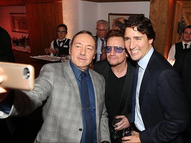 Justin Trudeau rubbed elbows with Kevin Spacey and Bono at the World Economic Forum's annual summit in Davos, Switzerland, in 2016. Hollywood blackballed Spacey after a series of sexual misconduct allegations against him -- starting in October, 2017 -- caused an international scandal. Spacey was charged with sexual assault in 2018, but the charge was ultimately dropped in July, 2019.