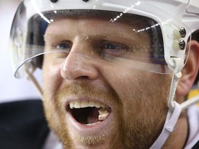 Pittsburgh Penguins forward Phil Kessel yells at teammates during practice in Calgary on Wednesday, October 24, 2018. (Jim Wells/Postmedia)