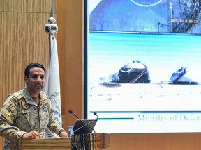 Saudi Colonel Turki bin Saleh al-Malki speaks during a press conference in Riyadh on Sept. 18, 2019, following the weekend attacks on Saudi Aramco's facilities in Abqaiq and Khurais. (Fayez Nureldine / AFP)FAYEZ NURELDINE/AFP/Getty Images
