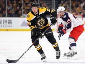 Charlie McAvoy of the Boston Bruins skates against Matt Duchene of the Columbus Blue Jackets during the Stanley Cup playoffs at TD Garden on May 04, 2019 in Boston. (Maddie Meyer/Getty Images)