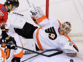 Former Flyers goaltender Michal Neuvirth, with the Leafs on a pro tryout contract, wasn’t on the list for either of the Ottawa exhibition games Tuesday and Wednesday, spending Monday doing restricted workouts with injured Leafs, slowed by what coach Mike Babcock vaguely described as body soreness. (Gavin Young/Postmedia)