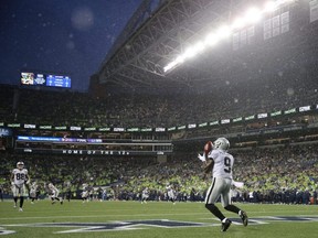 Raiders' De'Mornay Pierson-El catches a kickoff from the Seahawks in the first half of their NFL preseason game at CenturyLink Field in Seattle on Aug. 29, 2019.