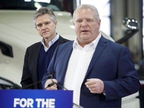 Premier Doug Ford (front) and Ontario Finance Minister Rod Phillips. (The Canadian Press)