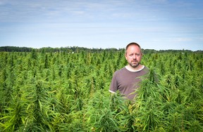 Hemp farmer Marcus Isaac stands in his crop near Kleefeld, Manitoba on Aug. 14 2019.