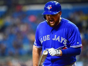 Rowdy Tellez of the Toronto Blue Jays reacts after striking out against the Tampa Bay Rays at Tropicana Field on September 6, 2019 in St Petersburg, Florida. (Julio Aguilar/Getty Images)