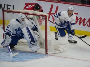 Maple Leafs defenceman Rasmus Sandin was sharing the ice with Auston Matthews, John Tavares and Mitch Marner during a morning skate Monday. USA TODAY