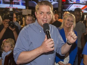 Conservative Party Leader Andrew Scheer addresses faithful at a rally at the Crabby Joe's restaurant on Oxford Rd. at Capulet Lane in London, Ont., on Tuesday Sept. 24, 2019.