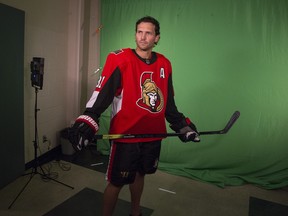 Ron Hainsey puts a scowl  on for a video segment as the Ottawa Senators begin training camp with medicals and fitness testing. Wayne Cuddington/ Postmedia