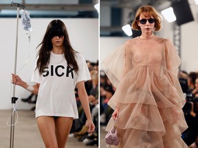 The model on the left caused a stir when she walked down the runway during the Kimhekim Womenswear Spring/Summer 2020 show as part of Paris Fashion Week at Garage Lubeck on Sept. 23, 2019 in Paris, France. The model on the right, not to much.