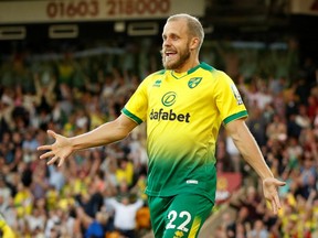 Norwich City's Teemu Pukki celebrates scoring his team's third goal in a 3-2 victory over Manchester City on Sept. 14, 2019 in Norwich, England. 
(JOHN SIBLEY/Reuters)