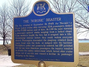 Located near the site of the Noronic disaster, but for obvious reasons not too close to the line-up of people waiting to board the Toronto Island ferries, this Ontario Heritage Foundation (now Trust) was unveiled on the 50th anniversary of the 1949 disaster by relatives of the Noronic's 119 victims.