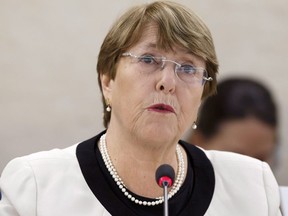 U.N. High Commissioner for Human Rights Chilean Michelle Bachelet presents her annual report, during the 40th session of the Human Rights Council, at the European headquarters of the United Nations in Geneva, Switzerland, Wednesday, March 6, 2019.