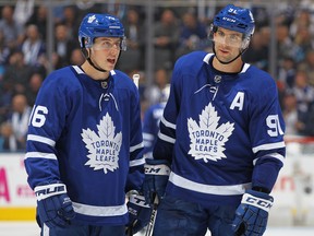 John Tavares (right) and Mitchell Marner were back skating together at Maple Leafs training camp in Newfoundland. (Claus Andersen/Getty Images)