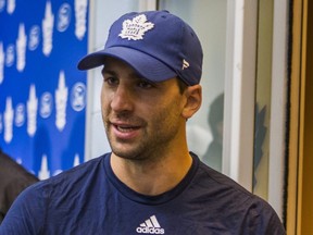 Toronto Maple Leafs forward John Tavares finishes talking to media members during training camp at the Ford Performance Centre in Toronto on Sept. 12, 2019. (ERNEST DOROSZUK/Toronto Sun)