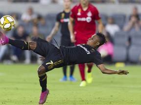 Los Angeles FC midfielder Latif Blessing attempts a shot during the second half against Toronto FC at Banc of California Stadium. on Saturday night. USA TODAY